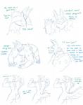 anthro armor claws clothed clothing dialogue fur growth heart_symbol muscle_growth tail tail_growth text transformation packmind capcom monster_hunter fanged_wyvern mammal scalie zinogre comic english_text hi_res monochrome