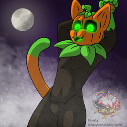 5_fingers anthro athletic athletic_anthro athletic_male fingers fog food for_a_head fruit glowing glowing_eyes glowing_tongue green_body green_eyes leaf leaf_(anatomy) male moon navel night orange_body plant pumpkin pumpkin_head solo stem stem_on_head tongue ltpa_art pumkat domestic_cat elemental_creature felid feline felis flora_fauna mammal object_head 1:1