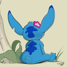 accessory back_markings big_ears blue_body blue_ears blue_fur blue_markings blue_tail ear_markings flower flower_in_hair fur hair hair_accessory head_tuft leaf long_ears male markings plant rear_view scut_tail short_tail sitting small_tail solo tail text tree tuft conditional_dnp digitaldomain123 disney lilo_and_stitch stitch_(lilo_and_stitch) alien experiment_(lilo_and_stitch) 1:1 2026 absurd_res artist_name digital_drawing_(artwork) digital_media_(artwork) hi_res signature