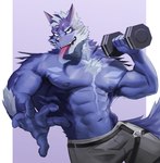 abs anthro biceps blue_body blue_fur bottomwear clothing dumbbell fur hair long_tongue male muscular muscular_anthro muscular_male nipples pecs simple_background solo tongue weights tokuni lifewonders tokyo_afterschool_summoners tindalos_(tas) canid canine canis mammal wolf absurd_res hi_res