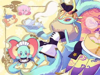 abstract_background ambiguous_gender antares_(kirby_and_the_forgotten_land) anthro antlers asian_clothing beverage big_ears biped bipedal_feral blue_eyes blush blush_stickers bodily_fluids chest_tuft chinese_clothing clothed clothed_anthro clothed_feral clothing colored_nails container countershade_face countershading cup dipstick_tail drooling duo_focus dutch_angle ear_piercing east_asian_clothing feral fingernails flower_ear_accessory fluffy fluffy_tail food front_view fruit fur group head_wings headgear headkerchief headwear holding_plate horn huge_wings kerchief kettle looking_at_viewer maid_headdress maid_uniform markings melee_weapon mouthless multicolored_eyes nails neck_tuft notched_ear open_mouth open_smile orange_body pattern_background peach_(fruit) piercing pink_body pink_eyes plant polearm pupils purple_fingernails purple_nails purple_sclera red_body saliva semi-anthro simple_background smile spear steam tail tail_markings tan_body tan_fur tea tea_cup tea_kettle teal_body teal_eyes teal_fur three-quarter_view tuft uniform unusual_wing_placement weapon wings yellow_background y_l_j_n kirby_(series) nintendo bandana_waddle_dee elfilin fecto_elfilis kirby alien chinchilla chinchillid mammal rodent starling_(kirby) waddle_dee waddling_head 2023 digital_drawing_(artwork) digital_media_(artwork) full-length_portrait hi_res japanese_description portrait signature male_(lore)