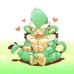 1:1 4_toes abs anthro doggiemonkey fangs feet fur generation_5_pokemon grass green_body green_eyes green_fur green_hair hair heart_symbol low_res male mammal muscular muscular_anthro muscular_male nintendo nipples open_mouth pecs plant pokemon pokemon_(species) primate simisage sitting solo teeth toes