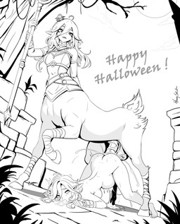 abdominal_bulge accessory anal anal_penetration anatomically_correct anatomically_correct_genitalia animal_genitalia animal_penis balls bandage belt big_penis blush bodily_fluids breasts butt clothing crazy_eyes cum cum_from_ass cum_from_mouth cum_in_ass cum_in_mouth cum_inflation cum_inside cum_overflow cum_through cum_vomit dominant dominant_gynomorph dominant_intersex duo ejaculation equine_genitalia equine_penis erection evil_face evil_grin female flower flower_in_hair fluffy fluffy_tail genital_fluids genitals gynomorph gynomorph_penetrating hair hair_accessory halloween_themed holidays hooves huge_penis humanoid_pointy_ears inflation insane intersex intersex/female intersex_penetrating long_hair makeup mascara moon night nude open_mouth orgasm outside penetration penile penis plant pointy_ears sex size_difference smile staff submissive tail thick_thighs wide_hips hornyskull_(artist) european_mythology greek_mythology halloween league_of_legends mythology riot_games tencent briar_(lol) lillia_(lol) centaur deer deer_taur elf equid equid_taur humanoid humanoid_taur mammal mammal_taur taur absurd_res greyscale hi_res monochrome