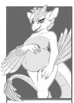 anthro breasts claws fangs feathers featureless_breasts female forked_tongue fur hand_on_belly horn pregnant pregnant_anthro pregnant_female smile smiling_at_viewer solo tail teeth tongue papa_soul mythology panacea_(spicyceylon) avian dragon feathered_dragon feathered_scalie furred_scalie hybrid mythological_creature mythological_scalie reptile scalie better_version_at_source cropped hi_res