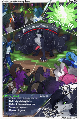 adventuring anthro blue_body blue_fur boss bottomwear choker clothed clothing costume dialogue elemental_manipulation female fire fire_manipulation forest foxfire fur gameplay_mechanics genitals group gui hair health_bar holding_object holding_weapon imminent_sex jewelry knot knotted_penis level_difference magic_user male melee_weapon menu necklace nude penis plant polearm question_mark roleplay scythe skirt smile surprised tail text topwear tree vulva weapon wings miramore nintendo pokemon nat_osaka showers_the_vaporeon arthropod canid canine domestic_cat felid feline felis fox generation_1_pokemon hybrid insect lepidopteran mammal moth mustelid ninetales otter pokemon_(species) 2:3 comic digital_drawing_(artwork) digital_media_(artwork) english_text hi_res signature