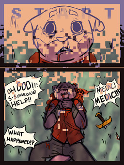 anthro blood bodily_fluids broken_weapon dialogue forest grass male plant slit_throat solo text tree wounded dungeonhound mammal mustelid otter 3:4 absurd_res comic english_text hi_res