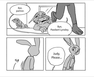 abandonment anthro begging betrayal clothed clothing collar dialogue female group male paws pointy_ears rabbit_ears role_reversal shock_collar text trio gilman2004 disney zootopia judy_hopps nick_wilde pawbert_lynxley canada_lynx canid canine european_rabbit felid feline fox lagomorph leporid lynx mammal oryctolagus rabbit red_fox true_fox comic english_text letterbox monochrome