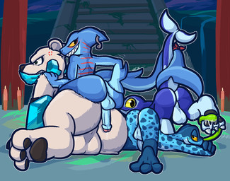 3_toes accessory all_fours angry anthro anthro_on_anthro ass_up balls big_balls big_penis black_pawpads blue_balls blue_body blue_penis blue_perineum blue_scales blue_spots blush bodily_fluids butt butt_squish clenched_teeth crossed_arms drooling erection feet feral fin fish_hook fish_hook_piercing foot_fetish foot_lick foreskin fur furgonomics genitals green_tongue group hand_on_butt head_fin hook huge_balls humanoid_genitalia humanoid_penis larger_anthro larger_male licking long_tongue male male/male male_on_bottom male_on_top on_bottom on_top pawpads penis perineum piercing red_body red_scales red_stripes saliva scales size_difference smaller_anthro smaller_feral smaller_male spots squish striped_body striped_scales stripes tail tail_accessory tailband teeth toes tongue tongue_out white_balls white_body white_fur ultilix rivals_of_aether etalus orcane ranno slade_(dungeons_of_aether) amphibian aquatic bear cetacean dolphin fish frog mammal oceanic_dolphin orca polar_bear shark toothed_whale ursine hi_res