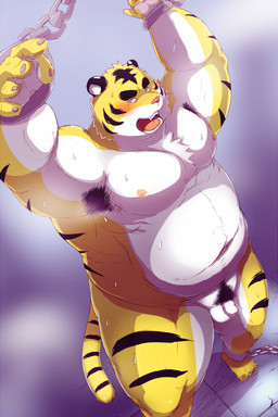anthro armpit_hair balls belly blush bodily_fluids body_hair bound chain chained cuff_(restraint) flaccid foreskin genitals humanoid_genitalia humanoid_hands humanoid_penis iron_cuffs kemono larger_but_small male metal_cuffs moobs navel nipples overweight overweight_anthro overweight_male penis pubes restraints small_penis solo sweat arufina_w third-party_edit felid mammal pantherine tiger 2013 censor_removal_edit