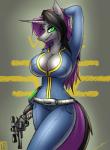 anthro big_breasts black_hair breasts cleavage clothed clothing curvy_figure female glowing glowing_eyes green_eyes gun hair handgun horn huge_breasts purple_hair ranged_weapon revolver scope skinny skinsuit solo tight_clothing vault_suit weapon tacticalfur fallout hasbro microsoft my_little_pony mythology aura_spark equid equine mammal mythological_creature mythological_equine unicorn 2015 absurd_res hi_res