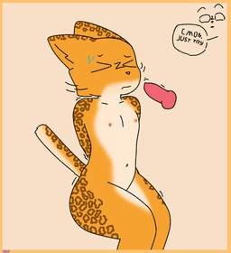 anthro areola belly big_butt bodily_fluids butt cat_tail duo female flat_chested fur knot male male/female markings motion_lines nervous nervous_sweat nipples nude orange_body orange_fur simple_background solo_focus sweat thick_thighs white_belly white_chest white_markings wdaf felid leopard mammal pantherine hi_res
