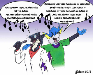 anthro arm_on_shoulder arm_over_shoulder back_to_back black_body black_fur black_nose blue_body blue_fur blue_hair cheek_tuft clothing countershade_neck countershading disco duet duo electronics eyes_closed eyewear facial_tuft fangs fur glasses gradient_background green_clothing green_shirt green_topwear hair happy holding_microphone holding_object humor inner_ear_fluff inside_joke jacket karaoke lyrics male microphone musical_note musical_symbol open_mouth performance pince-nez scarf shirt simple_background singer singing speech_bubble spread_arms suit_jacket symbol teeth text topwear tuft whiskers white_clothing white_jacket white_suit_jacket white_topwear yellow_inner_ear roz_gibson jack_(webcomic) drip_(jack) jack_salem gulonine mammal marten murid murine mustelid musteline rat rodent sable_(marten) 2012 english_text signature