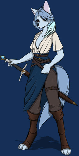 anthro armor blue_bottomwear blue_clothing blue_hair blue_skirt boots bottomwear brown_eyes clothing femboy feminine fingers footwear gem hair looking_at_viewer magic_user male melee_weapon paws scabbard shoes skirt slim solo sword weapon snowiefeather kusp_cusp_(riverred) canid canine canis fox hybrid mammal wolf 2025 alpha_channel digital_media_(artwork) hi_res