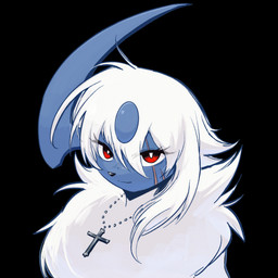 ambiguous_gender feral front_view fur hair horn jewelry looking_at_viewer necklace red_eyes scar simple_background smile solo white_body white_fur white_hair tenebscuro nintendo pokemon white_fang_(tenebscuro) absol generation_3_pokemon pokemon_(species) 1:1 2026 digital_drawing_(artwork) digital_media_(artwork) hi_res female_(lore)