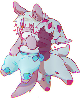3_claws 3_fingers 5_fingers >_< ambiguous_gender anthro blue_bottomwear blue_clothing blush bottomwear brown_body brown_ears brown_skin claws clothing dark_body dark_skin duo ear_tuft eyes_closed female fingers fur grey_claws hair heart_symbol hug hugging_another hugging_from_behind multi_limb multi_tail one_eye_closed orange_eyes oversized_bottomwear oversized_clothing oversized_pants pants red_claws simple_background tail tuft white_background white_body white_ears white_fur white_hair white_tail oyaoya915 made_in_abyss faputa nanachi humanoid lagomorph mammal narehate 2026 chromatic_aberration hi_res