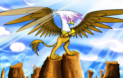 4_fingers beak brown_body brown_feathers brown_fur crossed_arms day feathered_wings feathers female feral fingers fur nude outside sky smile solo standing sun tail wings yellow_beak flamevulture17 friendship_is_magic hasbro my_little_pony mythology gilda_(mlp) avian gryphon mythological_avian mythological_creature absurd_res hi_res
