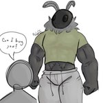 anthro black_body bottomwear clothed clothed_anthro clothed_male clothing grey_body grey_bottomwear grey_clothing grey_pants grey_sweatpants male midriff muscular muscular_male pants pubes shirt simple_background speech_bubble tight_clothing topwear white_background palister35 anon arthropod insect lepidopteran moth 1:1 digital_media_(artwork) hi_res