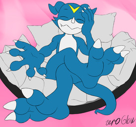anthro blue_body claws eyes_closed feet foot_fetish horn inviting male paws pillow smile solo teasing zeroglow bandai_namco digimon mythology digimon_(species) dragon mythological_creature mythological_scalie scalie veemon absurd_res hi_res