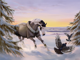 ambiguous_feral ambiguous_gender black_hair blue_eyes brown_body brown_fur detailed_background feral forest fur group hair head_markings hooves mane mane_hair markings multicolored_body multicolored_mane plant pupils quadruped snow sun sunrise tail text tree white_body white_fur white_hair beesa avian bird capercaillie equid equine galliform horse mammal phasianid pinto 2023 4:3 artist_name digital_media_(artwork) digital_painting_(artwork) hi_res painting_(artwork) signature