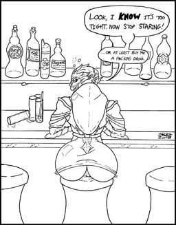 alcohol beverage black_border border bubble_butt butt dialogue drunk female liquor looking_at_viewer looking_back looking_back_at_viewer solo substance_intoxication text skianous bioware electronic_arts mass_effect decima_valkyrian alien turian english_text hi_res line_art monochrome