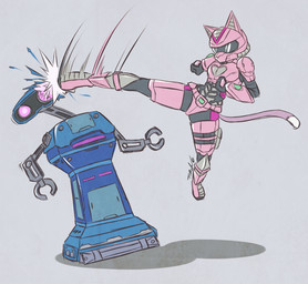 a.t.k._unit ambiguous_gender anthro armor attack duo female headgear heart_symbol helmet kick machine simple_background violence metalpandora nintendo star_fox katt_monroe domestic_cat felid feline felis mammal robot