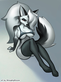 anthro bottomless bra clothed clothing female legwear solo thigh_highs underwear naughtyblossom hellaverse helluva_boss mythology loona_(helluva_boss) canid canid_demon canine demon hellhound mammal mythological_canine mythological_creature 3:4 hi_res