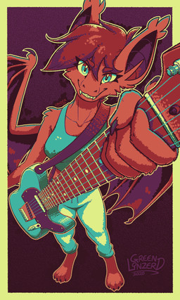 anthro arm_tuft barefoot blue_clothing border bottomwear claws clothing ear_tuft eye_through_hair eyebrow_through_hair eyebrows fangs feet female foreshortening fur grainy_background green_clothing green_eyes grin guitar hair high-angle_view looking_at_viewer musical_instrument orange_body orange_fur pants plucked_string_instrument red_hair shoulder_tuft sleeveless_shirt smile solo string_instrument teeth translucent translucent_hair tuft wings yellow_border conditional_dnp greenlinzerd art_fight telecaster bat mammal 2026 halftone hi_res restricted_palette signature