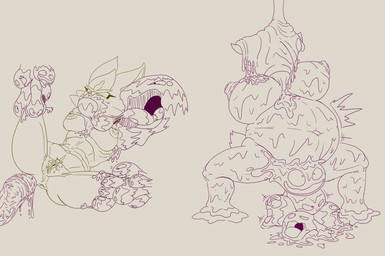 anthro big_breasts birth breasts female genitals group inflation nipples pregnant pregnant_anthro pregnant_female restrained_legs vaginal_birth vulva likasomboody nintendo pokemon cinderace generation_1_pokemon generation_8_pokemon goo_creature grimer muk pokemon_(species) hi_res
