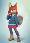 absurd_res anthro blue_eyes blush bottomwear brown_hair canid canine clothed clothing female footwear fox furgonomics hair hi_res mammal reddishfox_(artist) shoes skirt solo tail tail_through_skirt young young_anthro young_female