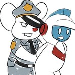 anthro armor bottomwear clothing duo hat headgear headwear helmet male necktie pants police police_hat red_nose shirt simple_background slightly_chubby topwear white_background white_body commander_star dig_dug mappy shiftylook mappy_(character) taizo_hori mammal mouse murid murine rodent 1:1 2018