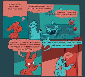 anthro attempted_seduction bottle container dialogue door eyebrows female lying_on_table male speech_bubble tavern text thought_bubble vanilla_candy unicorn_blood_(comic) marigold_(unicorn_blood) saffron_(unicorn_blood) tulip_(unicorn_blood) bovid caprine domestic_cat felid feline felis lagomorph mammal sheep animated animated_comic comic english_text hi_res restricted_palette