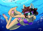 4_toes anthro barefoot bent_legs bikini breasts calves_up chef claws clothing diving diving_mask extended_arm feet female mask pawpads paws pink_pawpads plantigrade raised_calf soles solo swimming swimwear toes two-piece_swimsuit underwater water chef_cheiro_(artist) powree okane_akemi canid canine canis mammal wolf