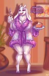 anthro big_breasts breasts cleavage clothed clothing curvy_figure dessert female food huge_breasts looking_at_viewer mature_female pastry pie robe solo standing text thick_thighs voluptuous wide_hipped_female wide_hips dimwitdog undertale undertale_(series) toriel boss_monster_(undertale) bovid caprine mammal 2023 absurd_res english_text hi_res