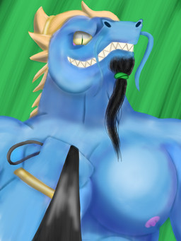 anthro barbel_(anatomy) beard blue_body blue_scales facial_hair flesh_whiskers green_background horn leash leash_pull leashed_viewer looking_at_viewer male muscular muscular_anthro muscular_male nipples scales simple_background smile smiling_at_viewer solo blitz_da_floof mythology dragon mythological_creature mythological_scalie scalie 3:4