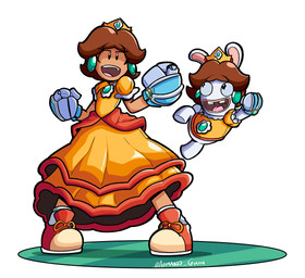 anthro boxing_gloves clothing crown dress duo female footwear handwear headgear shoes simple_background white_background pringus_mcdingus mario_bros mario_plus_rabbids_kingdom_battle nintendo raving_rabbids rayman_(series) ubisoft princess_daisy rabbid_daisy human lagomorph mammal rabbid 2021 absurd_res crossover digital_media_(artwork) hi_res
