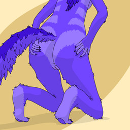 5_fingers anthro biped breasts butt butt_focus faceless_anthro faceless_character feet female fingers fluffy fluffy_tail fur genitals hair hand_on_butt hand_on_own_butt humanoid_feet humanoid_hands kneeling long_hair long_tail nails nude on_ground pawpads plantigrade purple_body purple_fur purple_hair purple_pawpads purple_toes rear_view simple_background solo striped_body striped_fur stripes tail toes vulva acedp canid canine mammal 1:1 cel_shading digital_drawing_(artwork) digital_media_(artwork) hi_res shaded