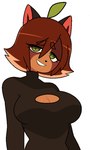 2022 anthro big_breasts breasts brown_body brown_eyebrows brown_face brown_hair canid canine cleavage cleavage_cutout clothed clothed_anthro clothed_female clothing cutout digital_drawing_(artwork) digital_media_(artwork) dvampiresmile eye_through_hair eyebrows eyelashes female female_anthro front_view green_eyes hair half-length_portrait hi_res looking_at_viewer mammal portrait raccoon_dog simple_background smile smiling_at_viewer solo suki_(dvampiresmile) sweater tanuki thick_eyebrows topwear translucent translucent_hair turtleneck white_background