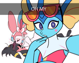 anthro anthro_on_anthro biped black_body black_ears black_fur black_hair blue_body blush clothed clothed_anthro clothed_female clothing eyes_closed eyewear eyewear_on_head female female_anthro femboy fur group hair kissing male male/male male_anthro multicolored_body multicolored_fur pink_body pink_ears pink_fur standing sunglasses sunglasses_on_head trio wearing_sunglasses white_body white_fur yellow_body odeko-yma nintendo pokemon lucky_(odeko-yma) pix_(odeko-yma) vivian_(odeko-yma) eeveelution generation_2_pokemon generation_6_pokemon pokemon_(species) sylveon umbreon absurd_res hi_res