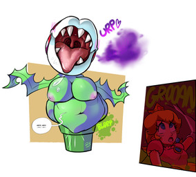 abdominal_bulge anthro areola belly big_areola big_breasts blush blush_lines bodily_fluids breasts bulge burp_cloud burping clothing crown dress duo female female/female headgear inverted_nipples lips nipples organs overweight plant rumbling_stomach saliva saliva_on_tongue saliva_string sharp_teeth stomach stomach_acid teeth thick_lips tongue tongue_out vore rb23 mario_bros nintendo princess_peach elemental_creature flora_fauna piranha_plant hi_res