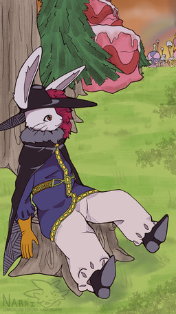 ambiguous_gender anthro brown_eyes cake candy cloak clothed clothing dessert fancy_clothing food forest gloves handwear hat headgear headwear male plant plume solo stump tree yumuyumu randolph_(one_piece) lagomorph leporid mammal rabbit 9:16