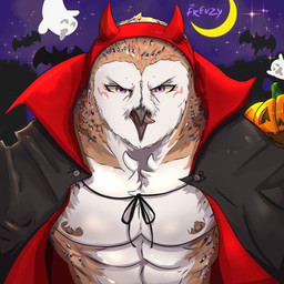 abs anthro beak chest_tuft cloak clothing costume crescent_moon fake_horns feathers holidays horn jack-o'-lantern licking licking_lips licking_own_lips looking_at_viewer male moon multicolored_body multicolored_feathers muscular muscular_anthro muscular_male night nipples open_mouth pecs self_lick solo tan_body tan_feathers tongue tongue_out tuft two_tone_body two_tone_feathers vampire_costume white_body white_feathers mr._frenzy halloween prof._enoch avian bat bird ghost mammal owl spirit 1:1 2020 half-length_portrait hi_res portrait