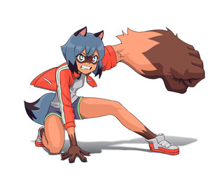 anthro bottomwear clenched_teeth clothing eyebrows female footwear gorilla_arm jacket red_clothing red_jacket red_topwear shirt shoes shorts solo tail teeth topwear emiladylbekuulu brand_new_animal studio_trigger michiru_kagemori canid canine mammal raccoon_dog tanuki 5:4 hi_res