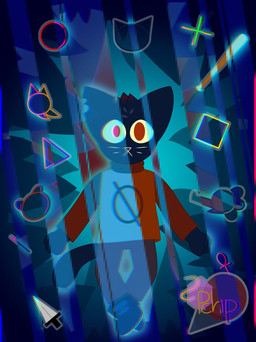 ambiguous_gender anthro baseball_bat bat_(object) biped blue_body blue_clothing blue_ears blue_fur blue_hair blue_tail bottomwear brown_clothing clothing dagger footwear fur glitch glowing glowing_body glowing_clothing glowing_eyes grey_clothing hair looking_at_viewer melee_weapon orange_clothing pants paws pink_eyes red_eyes red_hair shoes solo sweater tail topwear weapon potato_the_chip night_in_the_woods mae_borowski domestic_cat felid feline felis mammal 2019 hi_res signature female_(lore)