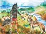 anthro day duo feral hill landscape native native_american outside plant river teepee tree fuzzymaro canid canine canis mammal wolf painting_(artwork) traditional_media_(artwork) watercolor_(artwork)