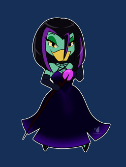 alternative_fashion anthro bangs black_hair breasts chibi cleavage clothed clothing dress female footwear goth hair half-closed_eyes highlights_(coloring) jewelry looking_at_viewer narrowed_eyes pendant purple_highlights shoes simple_background solo staff transparent_background widow's_peak blueondrive disney ducktales ducktales_(2017) magica_de_spell anatid anseriform avian bird duck absurd_res alpha_channel hi_res
