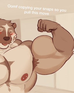 5_fingers anthro areola armpit_hair barbell_piercing biceps big_muscles big_pecs blep blush body_hair brown_armpit_hair brown_body brown_eyebrows brown_fur brown_nose caption cheek_markings countershade_face countershade_fur countershade_torso countershading eyebrows facial_markings fingers fist flexing flexing_bicep fur head_markings huge_muscles humanoid_hands looking_at_viewer male male_anthro markings multicolored_body multicolored_fur muscular muscular_anthro muscular_arms muscular_male narrowed_eyes nipple_barbell nipple_piercing nipples nude nude_anthro nude_male pecs piercing pink_tongue red_eyes selfie smile smiling_at_viewer solo tan_body tan_countershading tan_fur text tongue tongue_out triceps theor theor_(character) american_badger badger mammal mustelid musteline digital_media_(artwork) english_text hi_res shaded