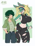 anon_(snoot_game) anthro big_breasts blonde_hair bottomwear breasts canid canine cavemanon_studios choker clothed clothing cosplay crossover duo fang_(gvh) female fox goodbye_volcano_high green_body green_hair hair hi_res human ippan_josei izuku_midoriya jacket jewelry male mammal midriff moko_(artist) my_hero_academia navel necklace pants quirked_human_(my_hero_academia) side_boob simple_background size_difference snoot_game topwear torn_bottomwear torn_clothing torn_pants white_background