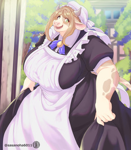 5_fingers anthro apron big_breasts black_clothing black_dress breasts clothing dress female female_anthro fingers fur green_eyes hat headgear headwear huge_breasts looking_at_viewer maid_uniform outside plant smile solo standing tree uniform white_apron white_body white_clothing white_fur white_hat white_headwear sasanoha6011 bovid bovine cattle holstein_friesian_cattle mammal absurd_res hi_res