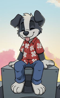 anthro barefoot black_body black_fur blue_bottomwear blue_clothing blue_pants bottomwear closed_smile clothed clothing eyes_closed feet floppy_ears front_view fur gloves_(marking) male markings mouth_closed outside pants red_clothing red_topwear sitting smile solo speaker tongue tongue_out topwear white_body white_fur young young_anthro young_male pandapaco roni_(imroni) border_collie canid canine canis collie domestic_dog herding_dog mammal pastoral_dog sheepdog hi_res