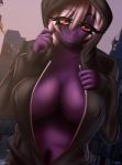 absurd_res big_breasts breasts city cleavage clothed clothing diffver digital_media_(artwork) female hair half-length_portrait hi_res hoodie humanoid long_hair looking_at_viewer magic_user mammal not_furry outside portrait public purple_body purple_skin red_eyes shaded smile soft_shading solo topwear vrabo white_hair witch